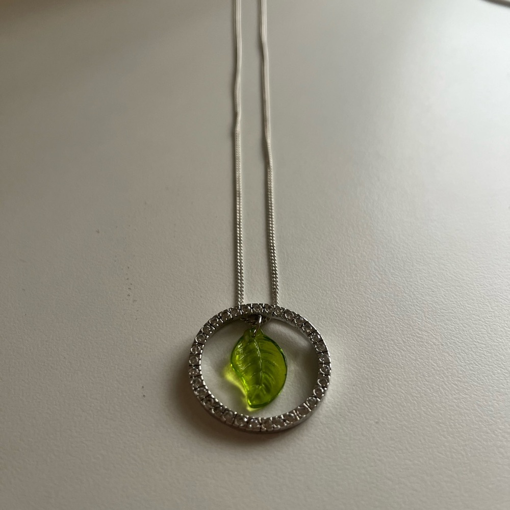 3 for $15 Silver Circle cubic zirconia Pendant Necklace with Green Leaf Charm